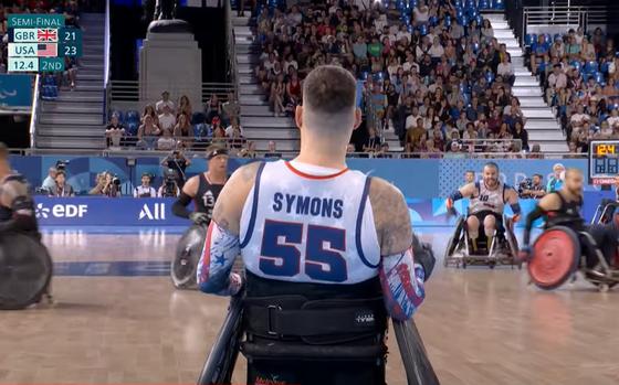 Army veteran Mason Symons in a wheelchair rugby match in Paris