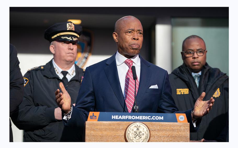 Mayor Eric Adams speaks during a New Year’s Eve security briefing in Times Square on Friday, Dec. 29, 2023, in New York. 