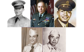 Combination image of five Korean War-era service members in military dress uniforms.