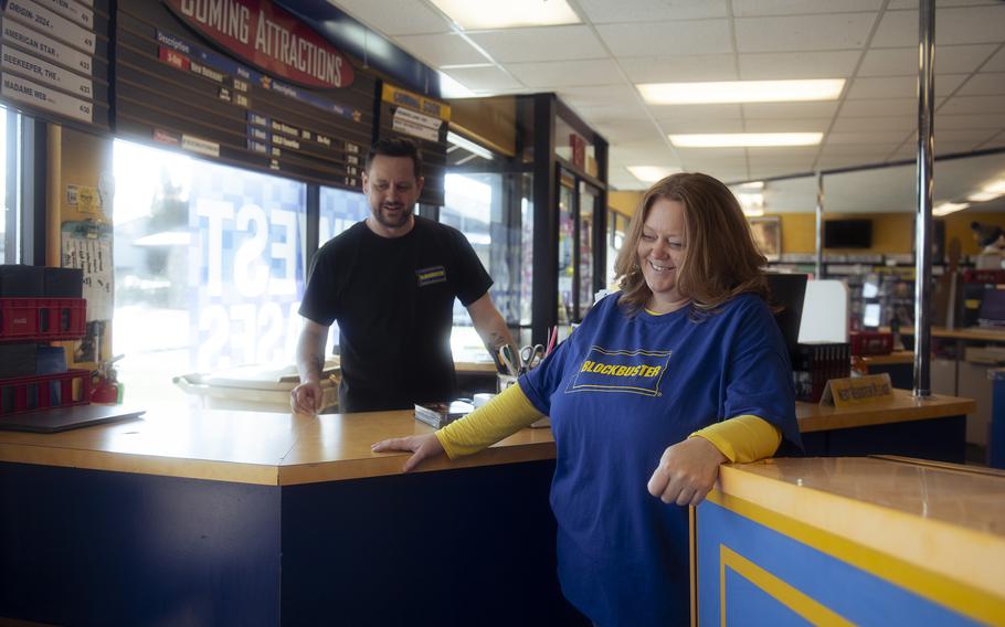 Employee Dan Montgomery and general manager Sandi Harding at the last Blockbuster Video in Bend, Ore. on April 5. Harding said the Free Blockbuster movement “is great.” “Anything that draws attention to physical media is fantastic,” she said. “I just think that it’s a very positive thing, and it makes people talk about the brand.”