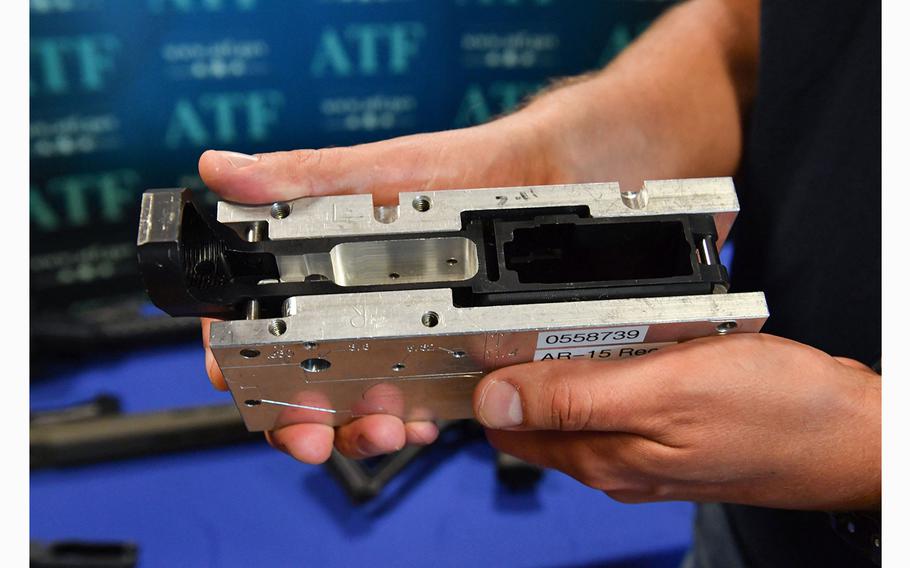 A jig and receiver for a rifle “ghost gun” seized in federal law enforcement action is displayed at the Bureau of Alcohol, Tobacco, Firearms, and Explosives field office in Glendale, California on April 18, 2022. 