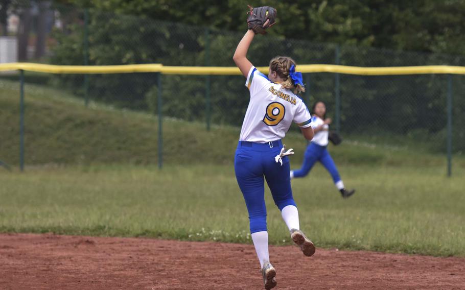Sigonella freshman Briar Love jumps for a catch against Hohenfels during the European championships on May 22, 2024, at Ramstein Air Base, Germany.