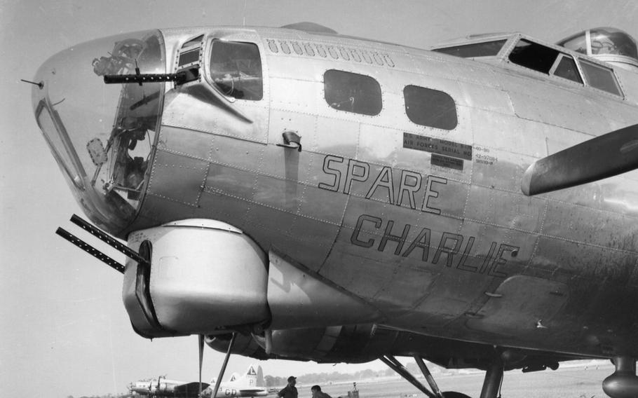 The Boeing B-17 Flying Fortress “Spare Charlie” of the 381th Bomb Group stationed at an 8th Air Force Base near Ridgewell, England, May 30, 1944. A memorial was unveiled in Épagne-Épagnette, France, on June 22, 2024, for the plane’s crew of nine who were shot down over the village during World War II. 