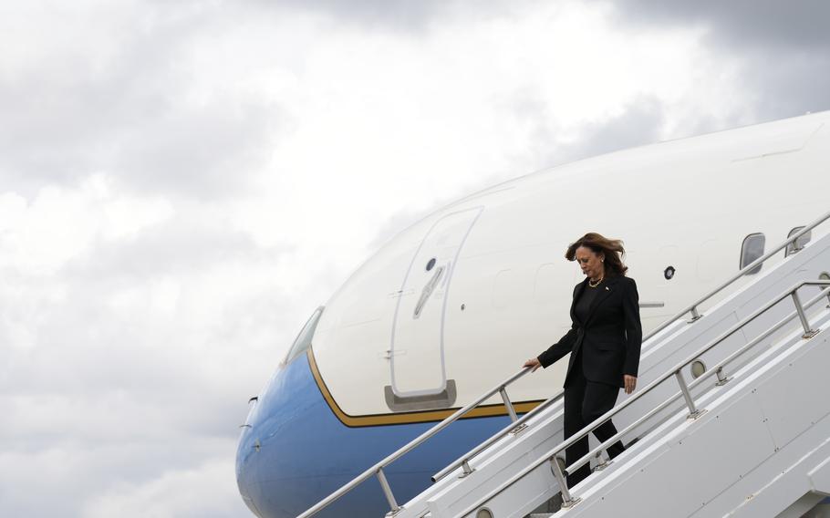 Democratic presidential nominee Vice President Kamala Harris arrives on Air Force Two Wednesday, Sept. 25, 2024, to campaign in Pittsburgh. 