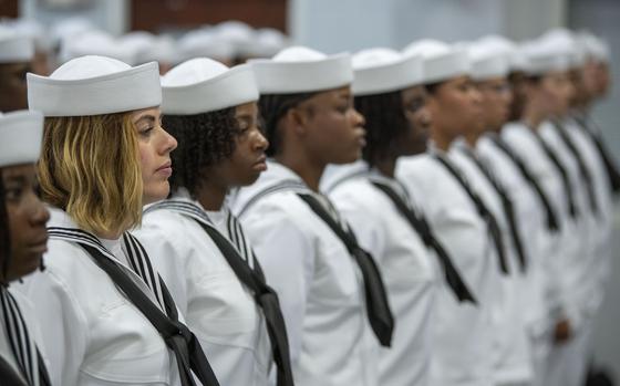 240725-N-LN782-1336 GREAT LAKES, Illinois (Jul. 25, 2024) Graduating Sailors stand in ranks during U.S. Navy Recruit Training Command's Pass in Review in Great Lakes, Illinois, Jul. 25, 2024. More than 40,000 recruits train annually at the Navy's only boot camp (U.S. Navy photo by Mass Communication Specialist 2nd Class Christopher M. O'Grady)