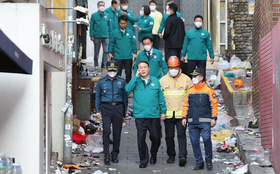 South Korean President Yoon Suk Yeol, Center, Visits The Scene Where ...