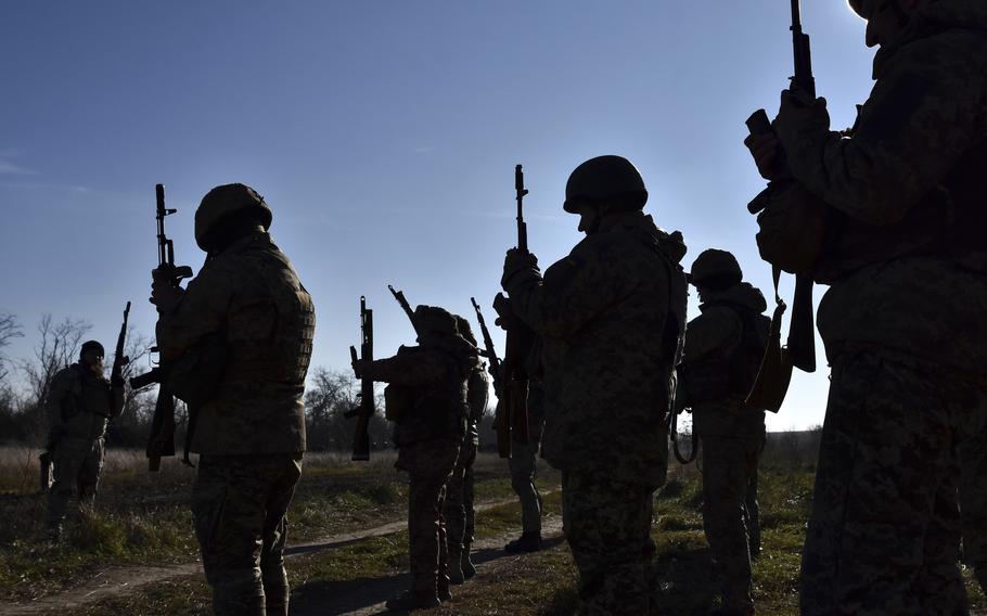 Ukrainian soldiers attend a training in Zaporizhzhia region, Ukraine. 