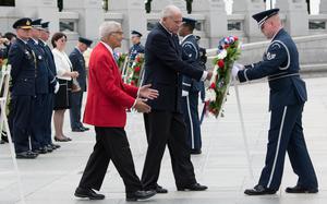 Hed: Honoring Sky Warriors, 2018

Washington, D.C., June 20, 2018: Veteran of the Tuskegee Airmen Charles McGee places a wreath at the National World War II Memorial with Josiah Bunting III, chairman of the memorial. 
The ceremony honored veterans and the fallen of the Battle for the Skies at the National World War II Memorial.

Read more at: https://www.stripes.com/theaters/us/ceremony-honors-veterans-of-the-wwii-battle-for-the-skies-1.533979

META TAGS: WWII; Eight Air Force; 305th Bomb Group; 302nd Fighter Squadron; 332nd Fighter Group; 