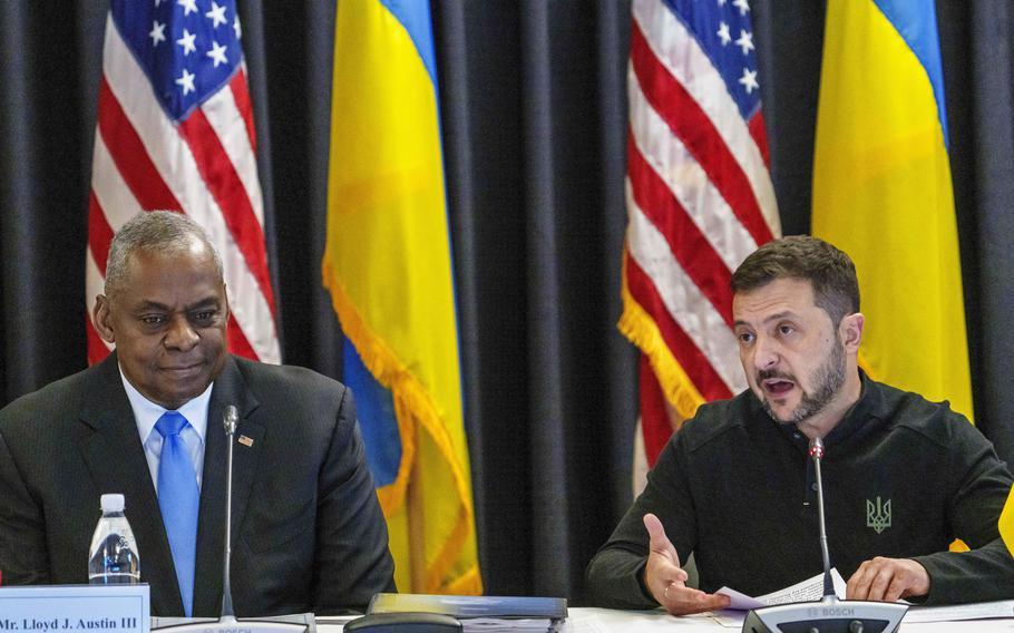 Defense Secretary Lloyd Austin and Ukraine President Volodymyr Zelenskyy.