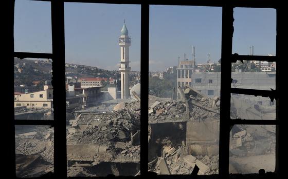 Damage left by an Israeli airstrike to a street in Nabatiyeh town, south Lebanon.