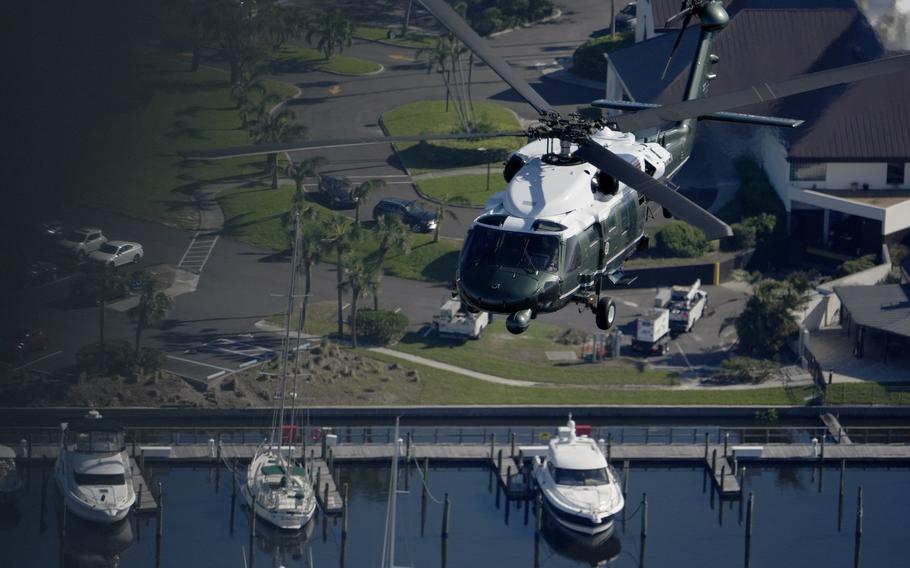 With President Joe Biden aboard, Marine One surveys areas affected by Hurricane Milton in Florida, from Tampa to St. Petersburg, on Sunday, Oct. 13, 2024. 