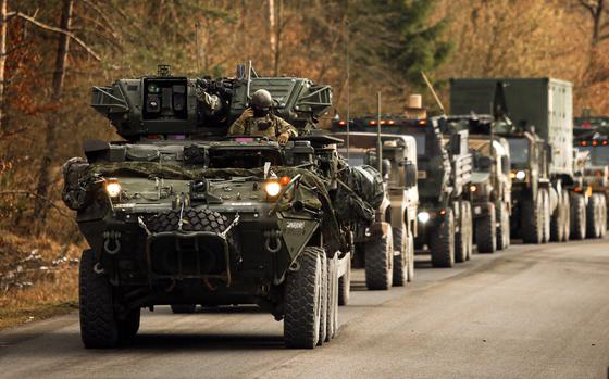 U.S. soldiers assigned to the 2nd Cavalry Regiment conduct a convoy during an exercise at the Joint Multinational Readiness Center in Hohenfels, Germany, in January 2023. President Donald Trump aims to redeploy 20,000 American troops from Europe, Italy's leading news agency said Jan. 23, 2025. It’s unclear what units would be targeted for cuts.