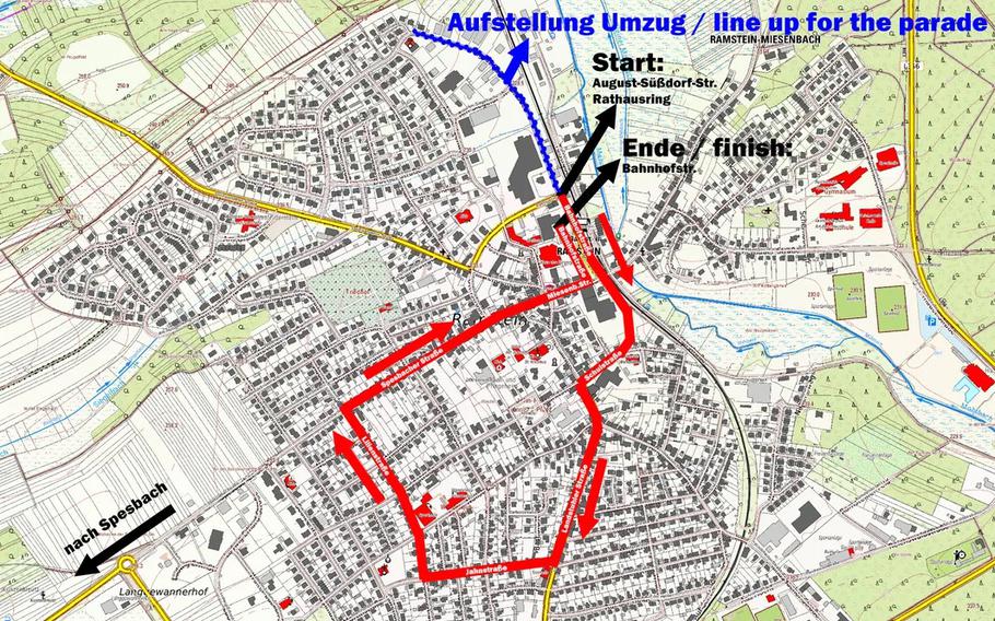 A map shows the areas of Ramstein that will be blocked off to vehicle traffic due to the 2025 Fasching parade.