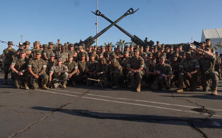 U.S. Marines pose for a photograph during Los Angeles Fleet Week in San Pedro, Calif., May 27, 2024. 
