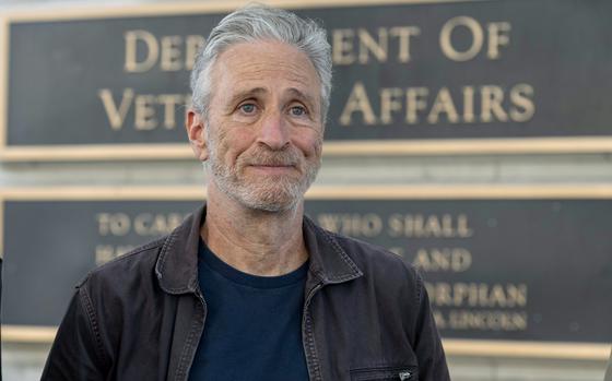 Jon Stewart takes part in an interview outside the Department of Veterans Affairs in Washington on July 26, 2024.