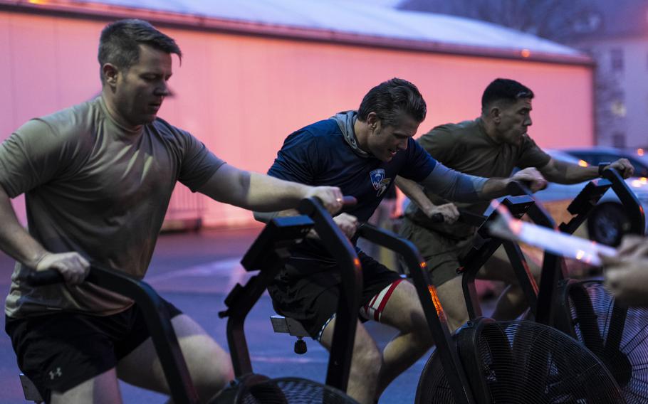 Secretary of Defense Pete Hegseth participates in a morning PT session hosted by troops