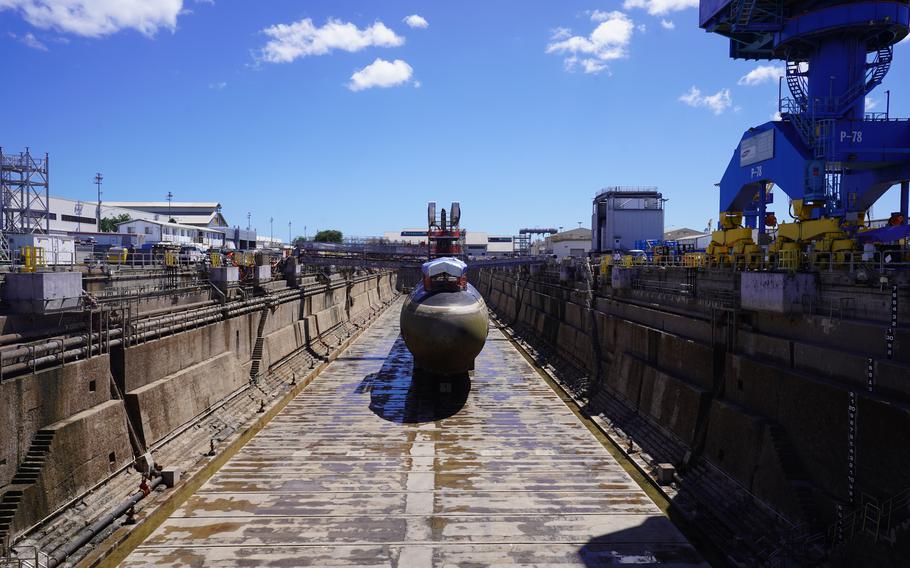 Virginia-class fast-attack submarine USS North Carolina (SSN 777) sits in Dry Dock 1 at Pearl Harbor Naval Shipyard and Intermediate Maintenance Facility on Sept. 5, 2024. 