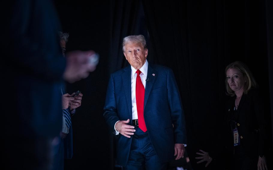 Former president Donald Trump returns from a break during the first presidential debate of the 2024 elections on June 27.