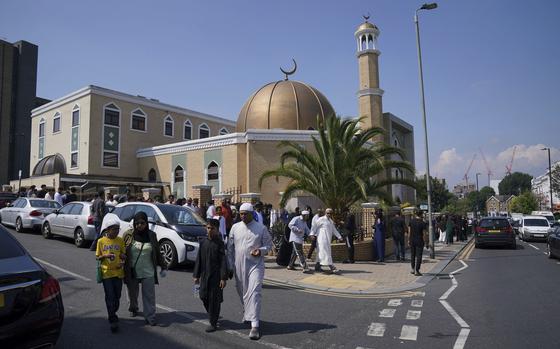 Worshippers leaves after taking part in Friday Prayers at the London Islamic Cultural Society (LICS) and Mosque in Haringey, north London, Friday, Aug. 2, 2024. Hundreds of mosques across the country are strengthening their security and protective measures ahead of planned protests, the Muslim Council of Britain (MCB) has said. There are fears that Islamic places of worship could be targeted during demonstrations expected to take place over the weekend following the Southport stabbing attack.