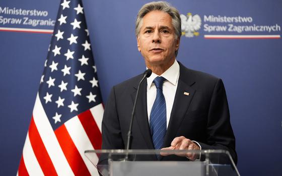 U.S. Secretary of State, Antony Blinken speaks during a news conference with Polish Foreign Minister Radosław Sikorski in Warsaw, Poland, Thursday, Sept. 12, 2024. (AP Photo/Mark Schiefelbein, Pool)