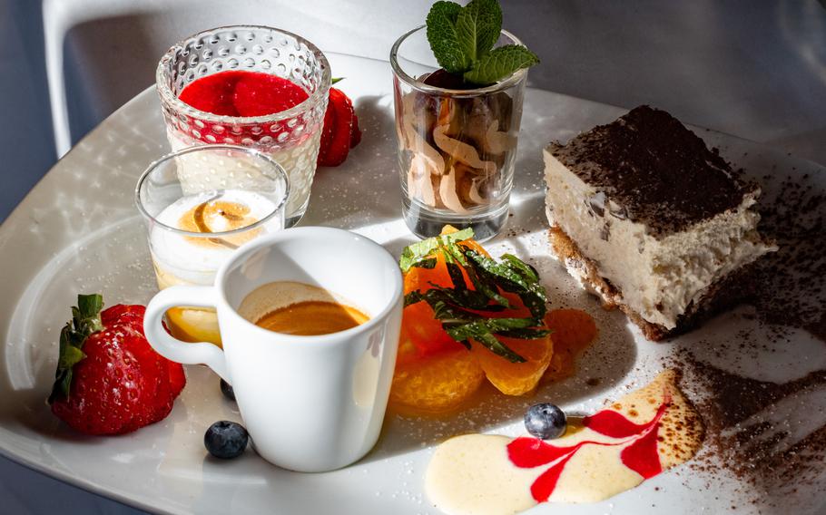 The Cafe Gourmand at Restaurant 11A in Kaiserslautern, Germany, has a selection of small desserts, including some with chocolate and passion fruit. 