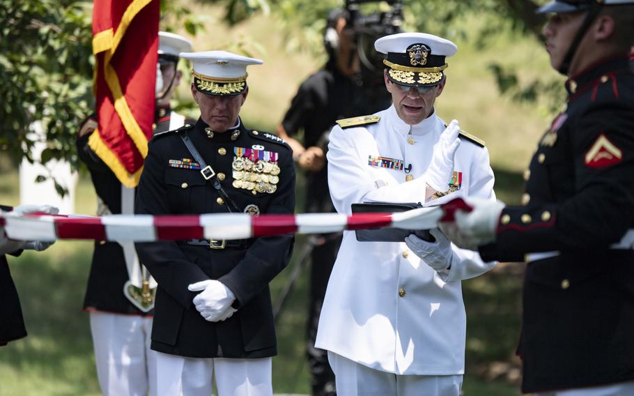 21st Chaplain of the Marine Corps Chaplain (Rear Adm.) Carey Cash presides over the funeral for retired Gen. Alfred Gray Jr., the 29th Commandant of the Marine Corps, in Section 35 of Arlington National Cemetery, Arlington, Va., July 29, 2024. 