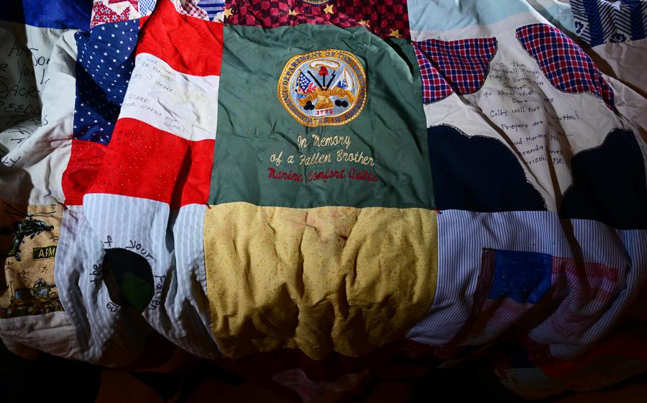 The quilt left at the grave of Army 1st Lt. Colby J. Umbrell. 