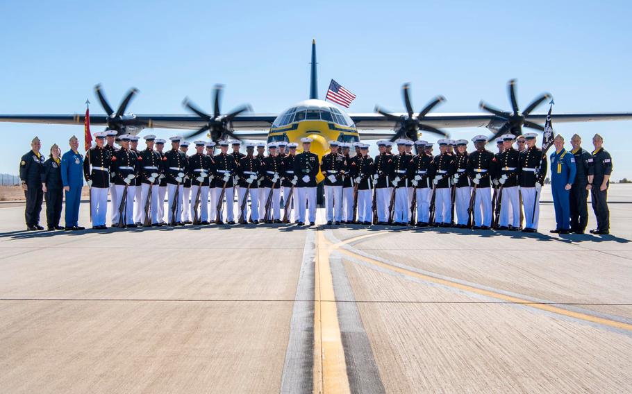 U.S. Marines with the Silent Drill Platoon execute a drill sequence