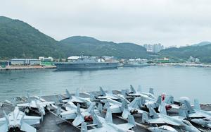 The aircraft carrier USS Theodore Roosevelt arrives in Busan, South Korea, on June 22, 2024.