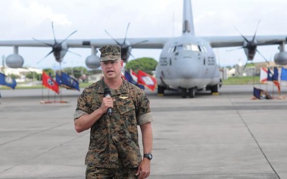 Maj. Gen. Marcus Annibale speaks after taking command of the 1st Marine Aircraft Wing at Marine Corps Air Station Futenma, Okinawa, Japan, July 12, 2024.