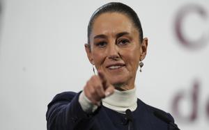 Mexican President Claudia Sheinbaum gives her morning news conference at the national palace in Mexico City, Monday, Feb. 3, 2025. (AP Photo/Marco Ugarte)