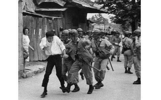 Seoul, South Korea, July 6, 1967: Seoul police arrest a student after renewed rioting and demonstrations broke out at Korean universities. The students were protesting alleged rigging of the June 8th, 1967 parliamentary elections.

Looking for Stars and Stripes’ historic coverage? Subscribe to Stars and Stripes’ historic newspaper archive! We have digitized our 1948-1999 European and Pacific editions, as well as several of our WWII editions and made them available online through https://starsandstripes.newspaperarchive.com/

META TAGS: South Korea; student protest; demonstrations; elections; democracy