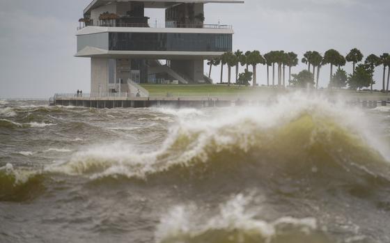 The St. Pete Pier is pictured among high winds and waves as Hurricane Helene makes its way toward the Florida panhandle, passing west of Tampa Bay, Thursday, Sept. 26, 2024 in St. Petersburg, Fla. (Martha Asencio-Rhine/Tampa Bay Times via AP)