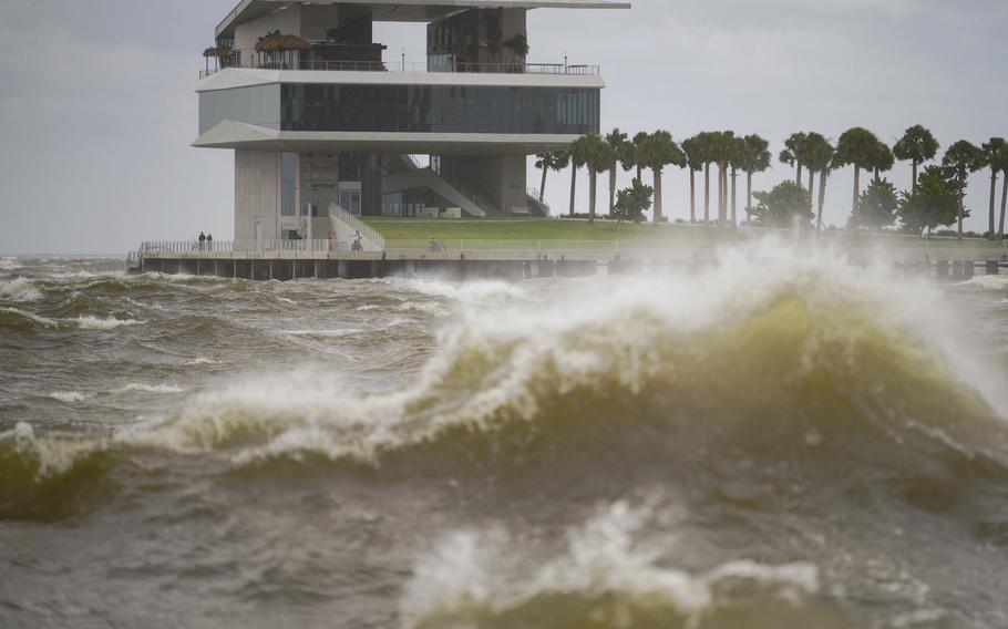 Hurricane Helene stirs up waves at the St. Pete Pier in Florida.