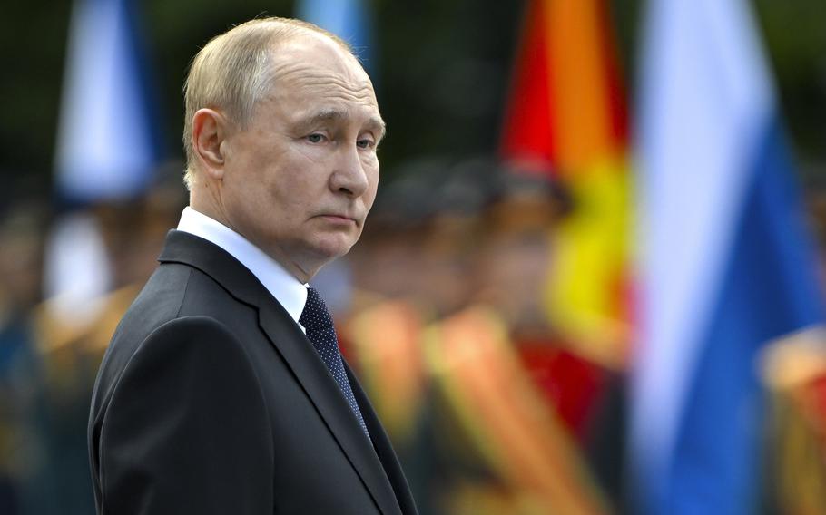 Russian President Vladimir Putin attends a wreath laying ceremony at the Tomb of Unknown Soldier near the Kremlin Wall in Moscow, Russia, on Saturday, June 22, 2024. Putin on Friday, June 28, 2024, called for resuming production of intermediate-range missiles that were banned under a now-scrapped treaty with the United States. 