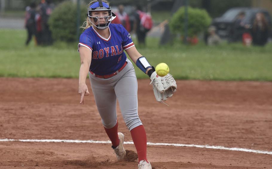Ramstein pitcher Madison Mihalic throws a pitch against Wiesbaden during the DODEA-Europe softball championship semifinals May 23, 2024, on Ramstein Air Base, Germany. Mihalic recorded 11 strikeouts during the game.