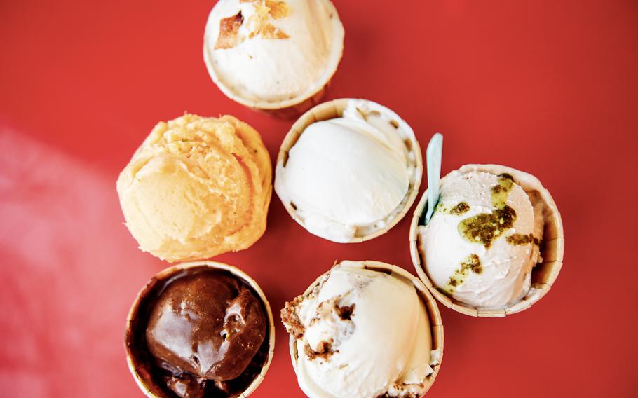 Six different flavors of ice cream on display at a shop in Bahrain.