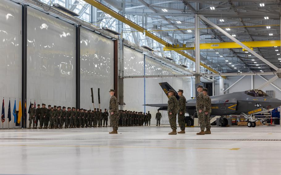 Marines with Marine Fighter Attack Squadron 251 march in formation during the reactivation ceremony at Marine Corps Air Station Cherry Point, N.C., on Thursday, Dec. 5, 2024. 