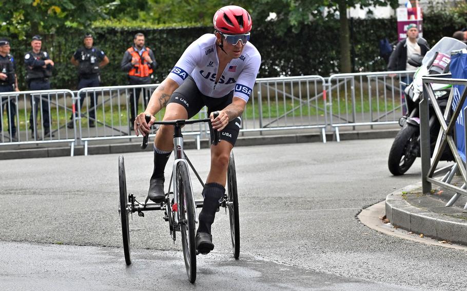 Dennis Connors of the United States takes a corner as he tries to catch up to the leaders in the men's T1-2 para cycle road race at the 2024 Paris Paralympics Sept. 7, 2024 in Clichy-sous-Bois, France. He succeded and took the silver medal in the race.