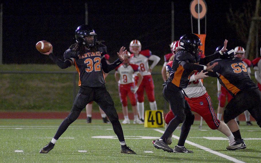 Spangdahlem quarterback Messiah Smith throws a pass during a September 21, 2024 game against the International School of Brussels at Spangdahlem High School in Spangdahlem, Germany.