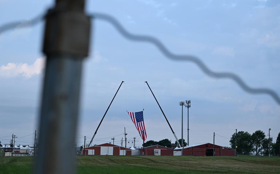 A flag is seen Monday at the fairgrounds in Butler, Pa., where a shooting took place during a campaign rally for former president Donald Trump. 