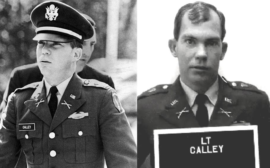 This combination of photos shows then-1st Lt. William L. Calley Jr., circa 1970. Calley, on right, holds up his name as he faces court-martial charges for the My Lai Massacre of 1968. Calley became the only person convicted in connection with the massacre, where U.S. soldiers slaughtered hundreds of unarmed South Vietnamese men, women and children.