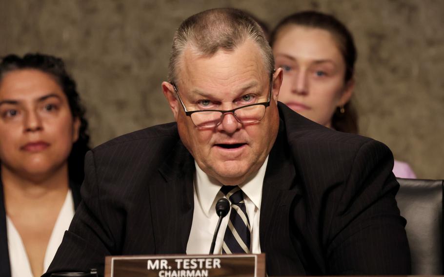 Sen. Jon Tester (D-Montana) speaks on Capitol Hill on June 5, 2024, during a joint hearing of the Senate Committee on Aging and Veterans Affairs on improving services for veterans and their caregivers.
