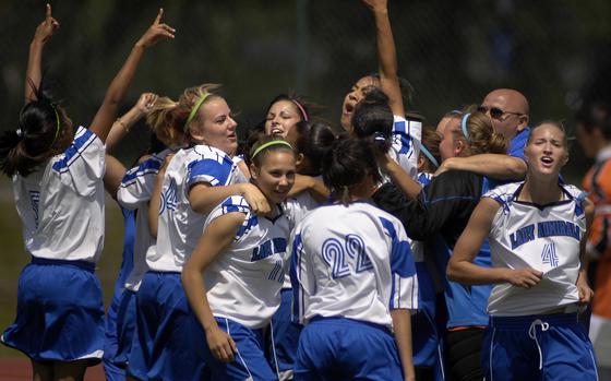 HED: Rota rules! 2009

Ramstein, Germany, May 22, 2009: The Rota girls celebrate their 2-0 victory in the DODDS-Europe Division IV girls soccer championship game against Brussels on Friday at Ramstein High School.  

Keep up to date with this year's DODEA team standings on Stars and Stripes' sports pages! https://www.stripes.com/sports/

META TAGS: DODDEA; prep sports; high school; soccer; 