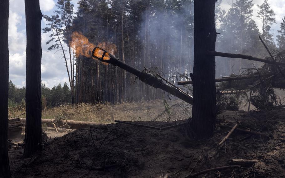 Ukrainian forces fire toward Russian positions in the Kharkiv region.