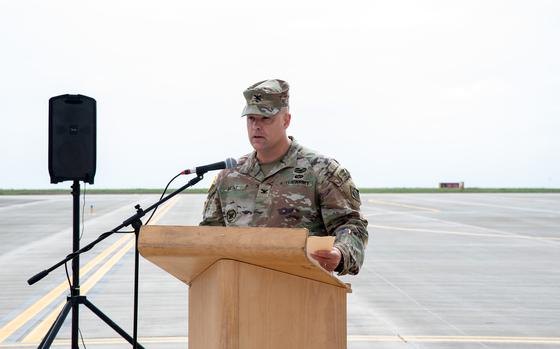 Col. Dan Kent, the U.S. Army Corps of Engineers Europe district commander, speaks during a ribbon-cutting ceremony Aug. 7, 2024, celebrating the completion of the new cargo pad at Mihail Kogalniceanu Air Base in Romania. The pad is part of more than $100 million in projects underway at the base.