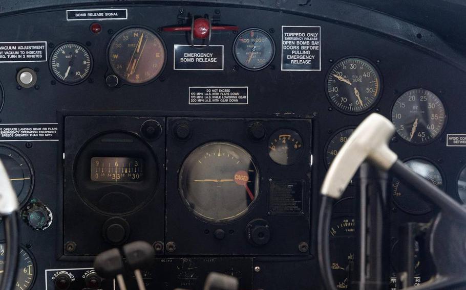 The instrument cluster of a restored B-25C at Owens Field Airport on Monday, Aug. 7, 2023.