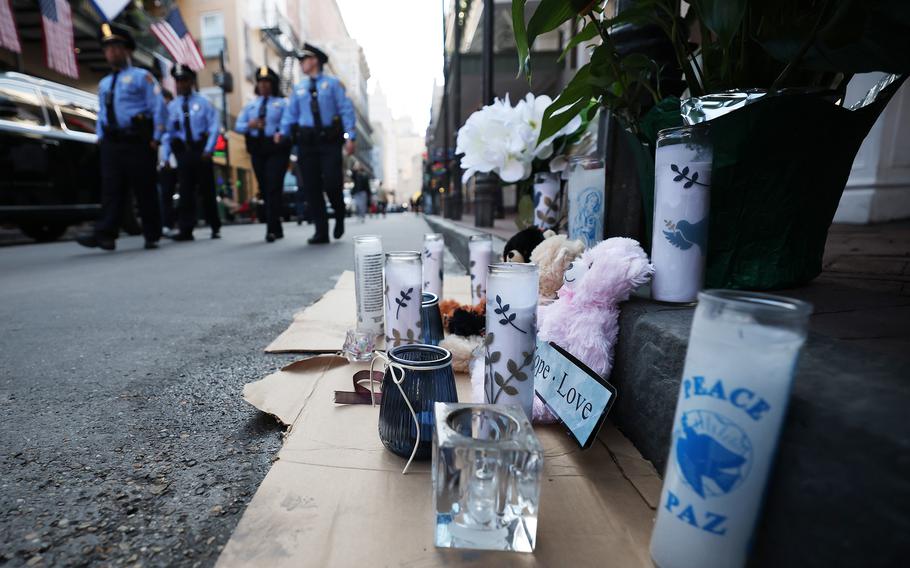 Memorials for people killed on Bourbon Street are seen on Jan. 3, 2025, in New Orleans. At least 14 people were killed on Bourbon Street when a person allegedly drove into a crowd in the early morning hours of New Year’s Day.