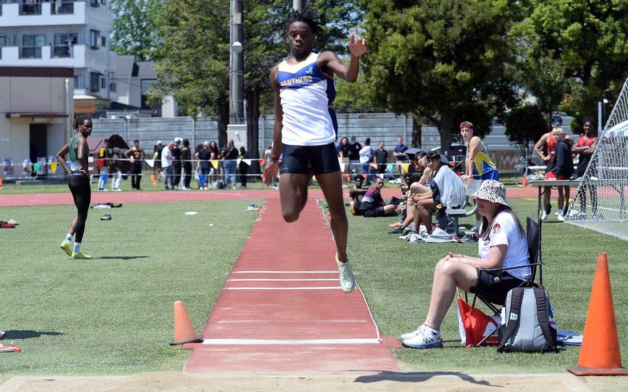 Guam High senior Aaron Johnson, shown competing in the Far East championships in April, broke the island record in the long jump, leaping 6.83 meters during Thursday’s championship meet.