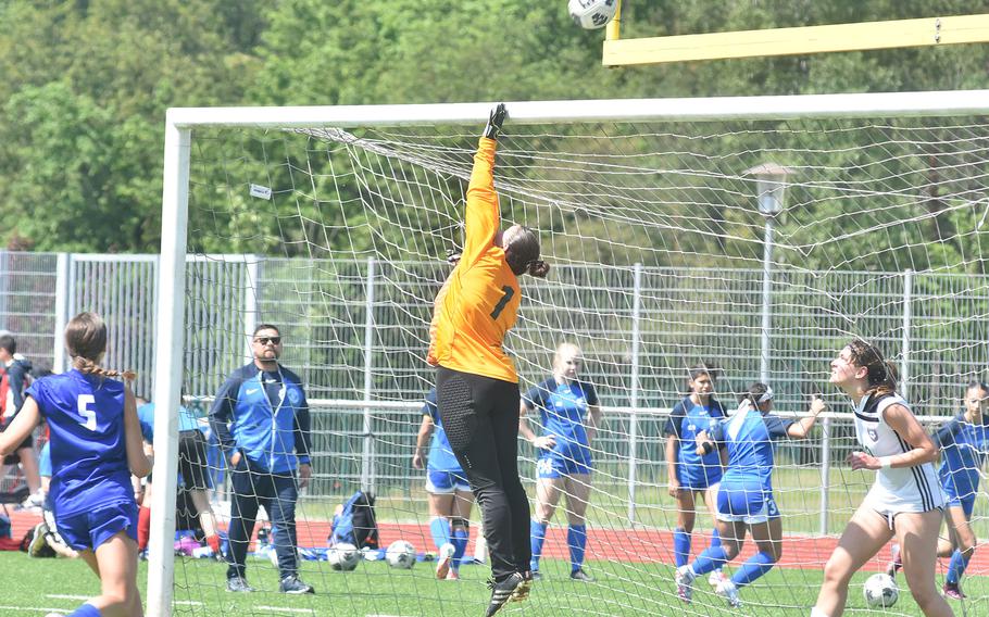 SHAPE goalkeeper Sofia Tryon stretches as far as she can to try to stop a shot from Wiesbaden in the Spartans 1-1 tie with the Warriors on Monday, May 20, 2024, at the DODEA European Division I girls soccer championships at Ramstein High School.